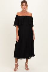 Black Pleated Off Shoulder Flounce Maternity Midi Dress