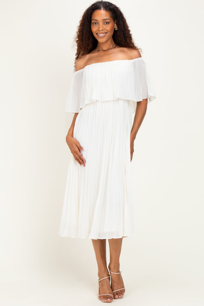 Cream Pleated Off Shoulder Flounce Maternity Midi Dress
