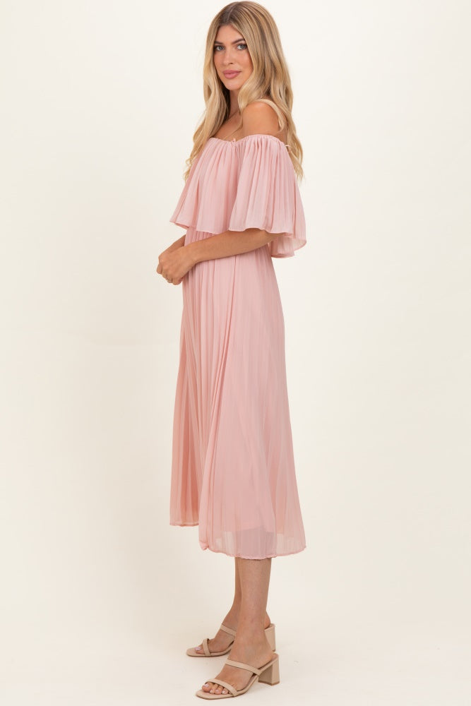 Pink Pleated Off Shoulder Flounce Midi Dress