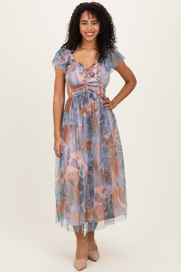 Multicolor Floral Mesh Smocked Cinched Bodice Midi Dresses