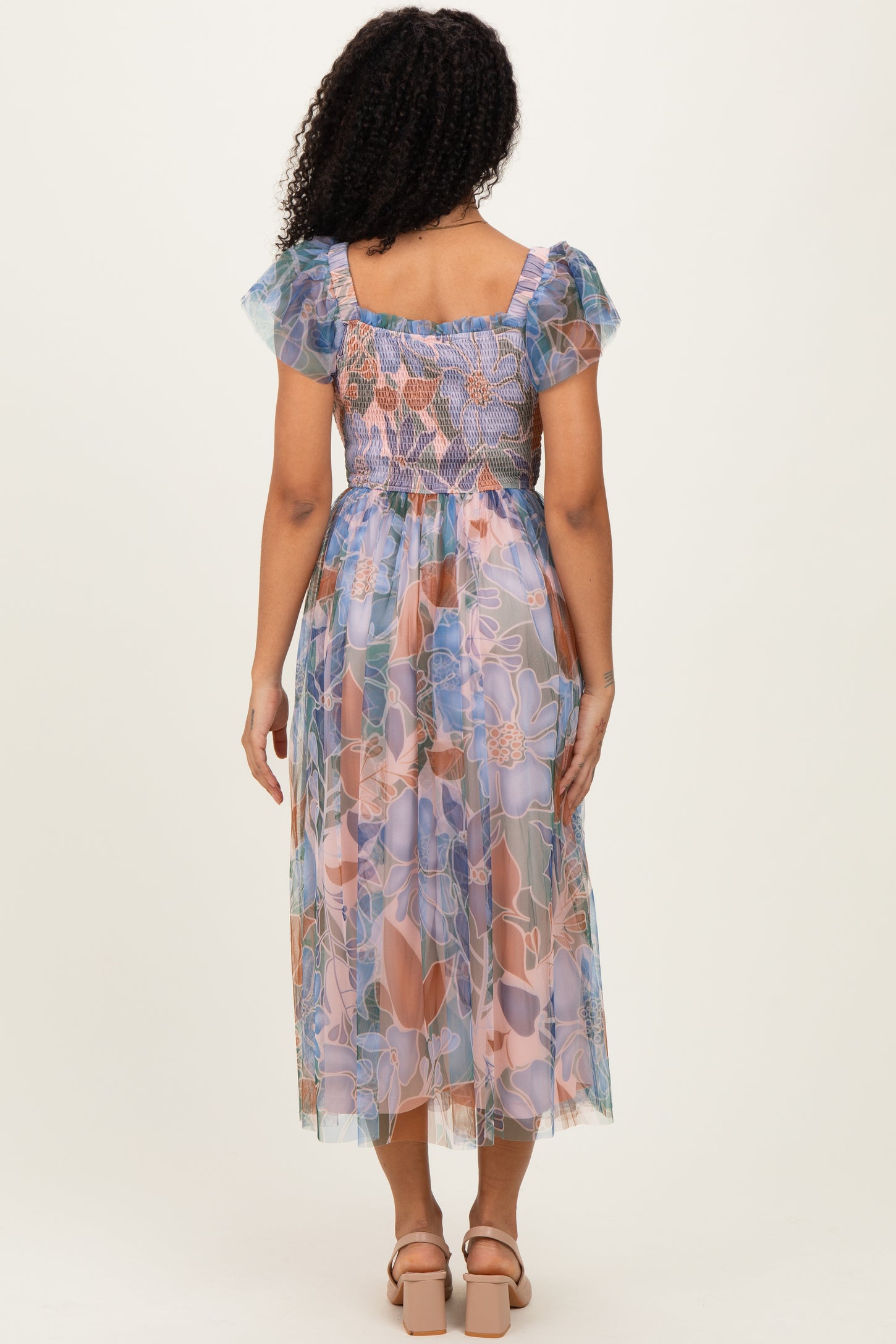 Multicolor Floral Mesh Smocked Cinched Bodice Midi Dresses