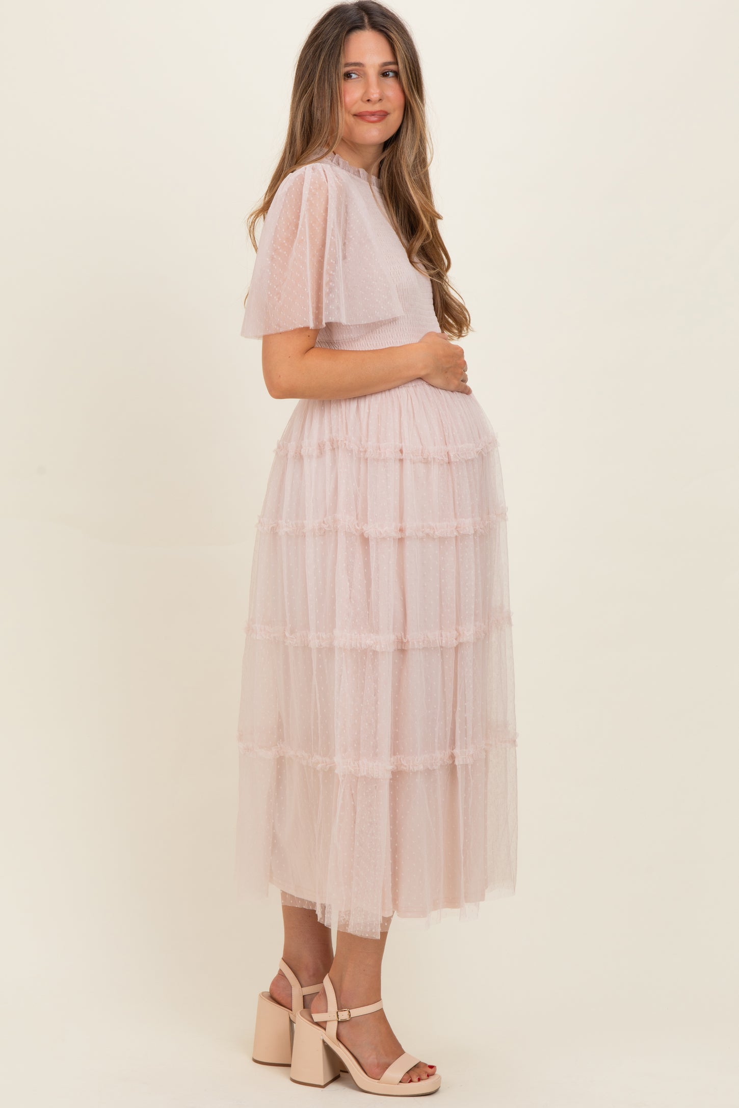 Cream Smocked Top Mesh Midi Dress