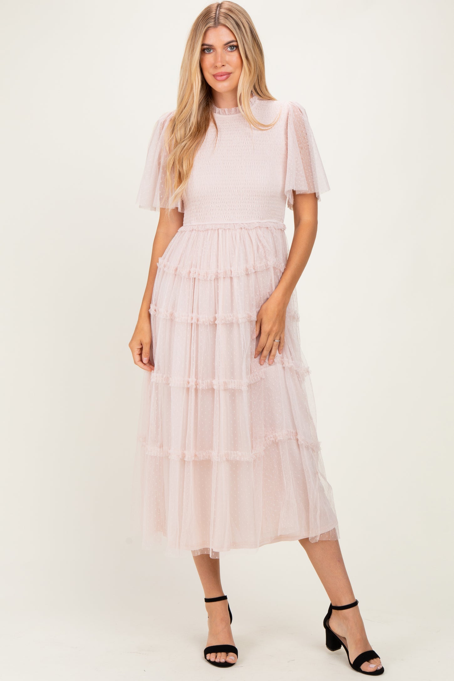 Cream Smocked Top Mesh Midi Dress