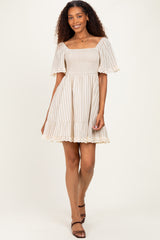 Beige Striped Smocked Lace Trim Dress
