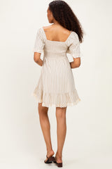 Beige Striped Smocked Lace Trim Dress