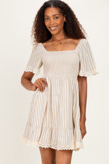 Beige Striped Smocked Lace Trim Dress