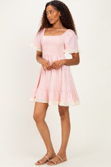 Light Pink Striped Smocked Lace Trim Dress