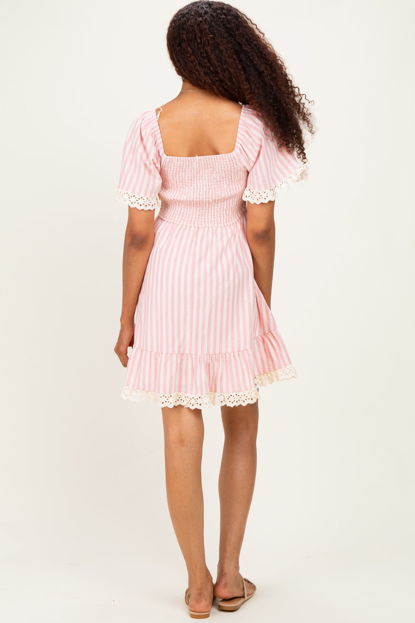 Light Pink Striped Smocked Lace Trim Dress