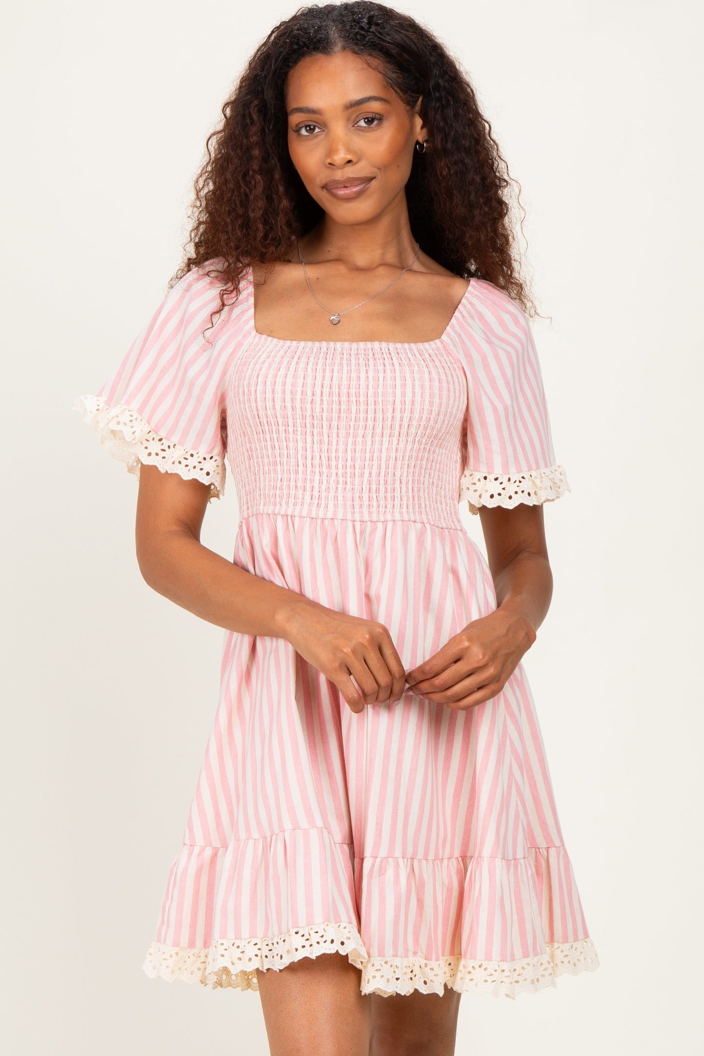 Light Pink Striped Smocked Lace Trim Dress