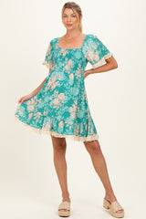 Jade Floral Smocked Lace Trim Maternity Dress