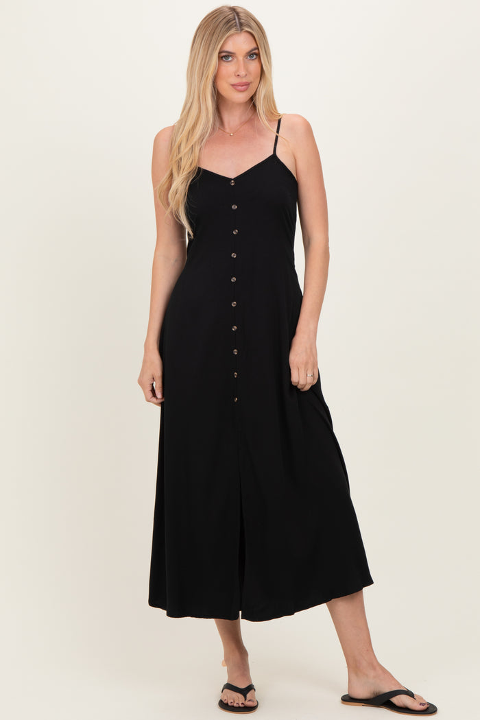 Black Button Accent Maternity Midi Dress