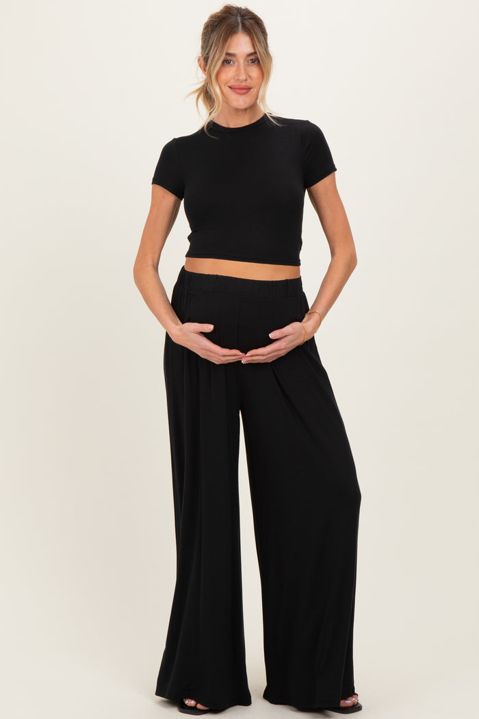 Black Short Sleeve Crop Top Wide Leg Pant Maternity Set