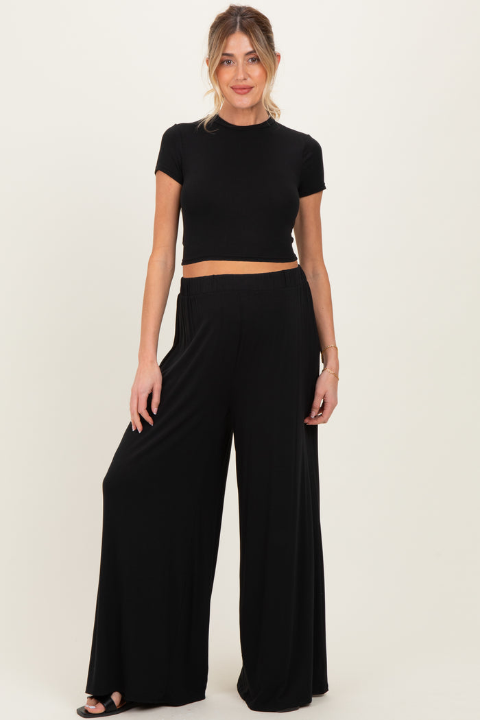 Black Short Sleeve Crop Top Wide Leg Pant Maternity Set