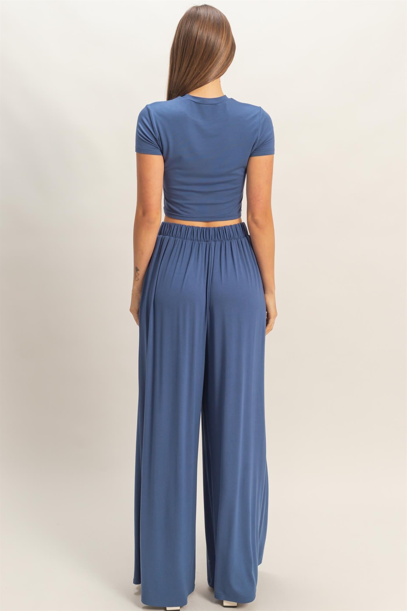 Light Navy Short Sleeve Crop Top Wide Leg Pant Set