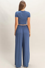 Light Navy Short Sleeve Crop Top Wide Leg Pant Set