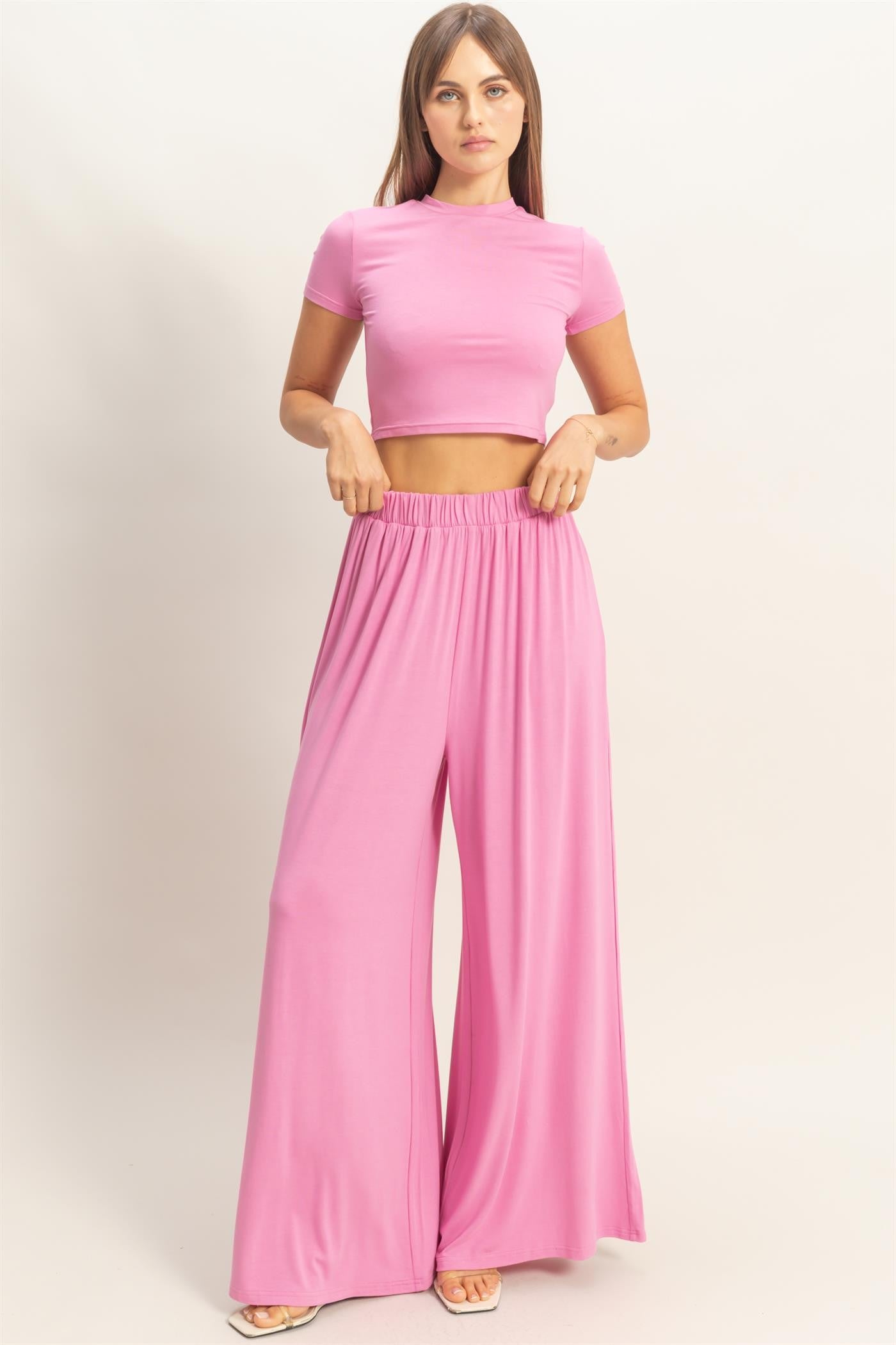 Pink Short Sleeve Crop Top Wide Leg Pant Maternity Set