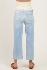 woman wearing light blue maternity jeans with a wide leg and high waistband, viewed from the back