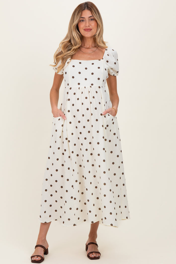 Cream Cotton Gauze Dot Print Ribbon Tie Back Maternity Midi Dress