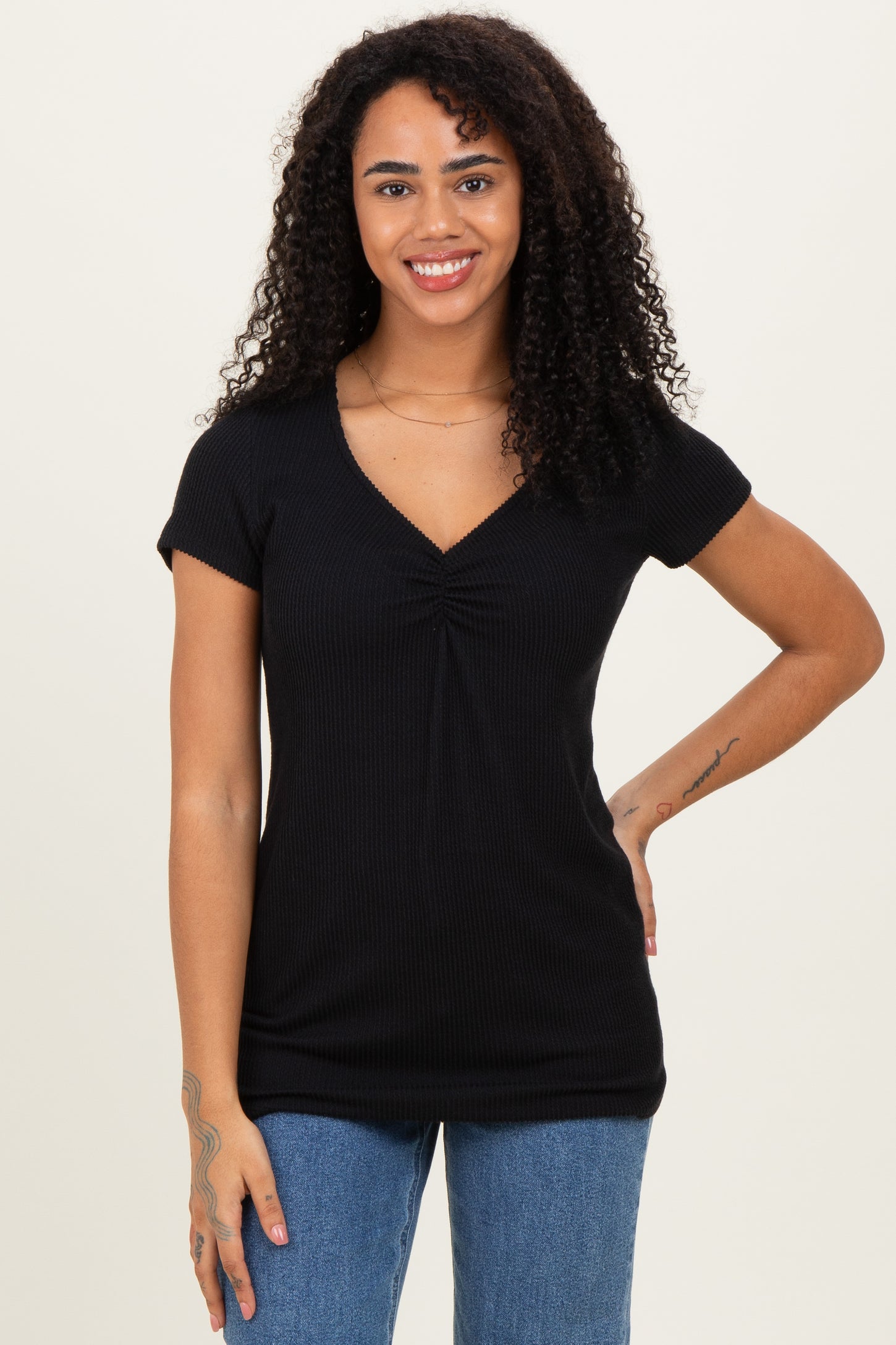 Black Ribbed Sweetheart-Neckline Top