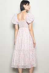 Pink Floral Puff Sleeve Midi Dress