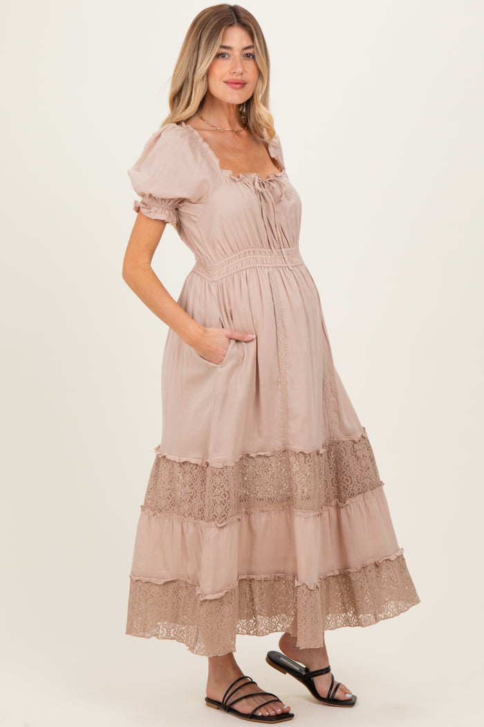 Taupe Lace Contrast Paneled Maternity Maxi Dress