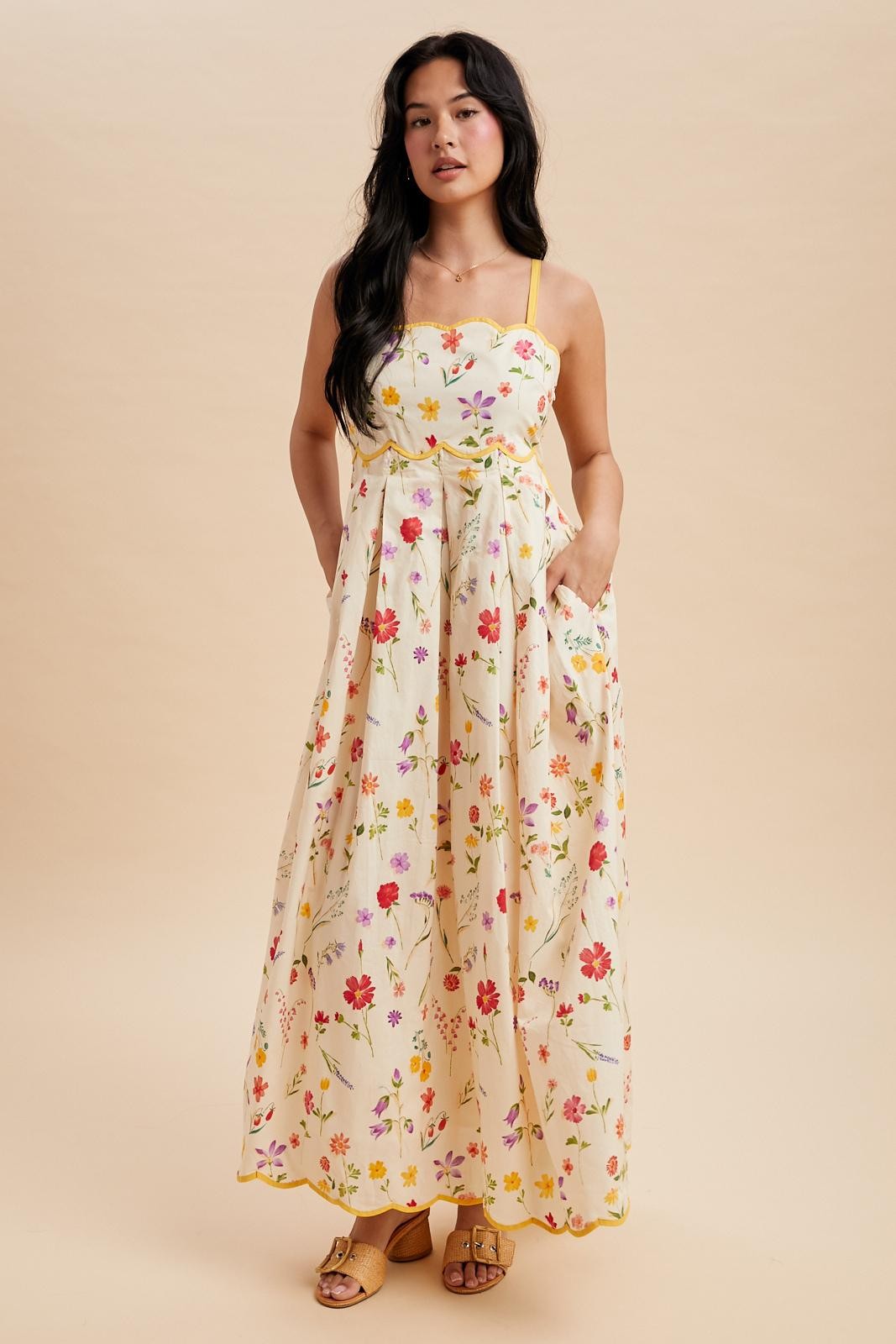 Yellow Daffodil Creme Floral Scalloped Contrast Maternity Maxi Dress