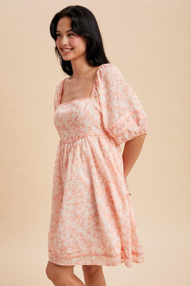 Coral Contrast Binded Floral Mini Dress