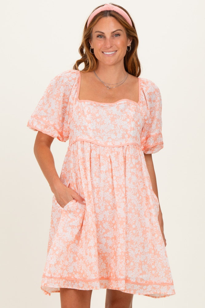 Coral Contrast Binded Floral Mini Dress