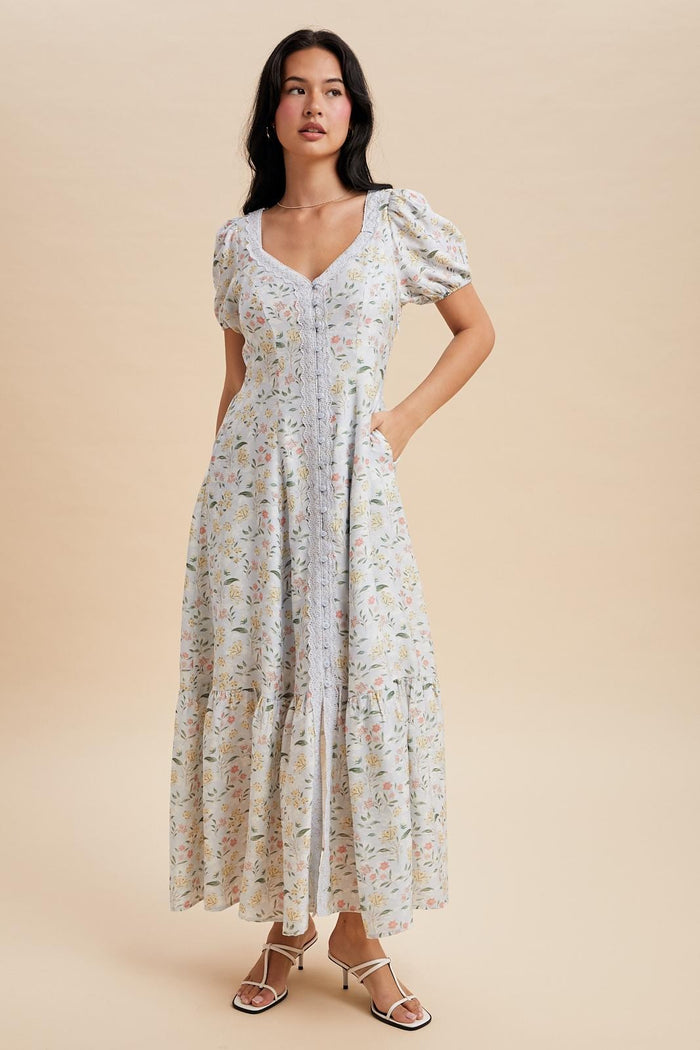 Light Blue Floral Lace Trim Button Down Maxi Dress