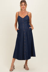 Navy Button-Down Denim Maternity Midi Dress
