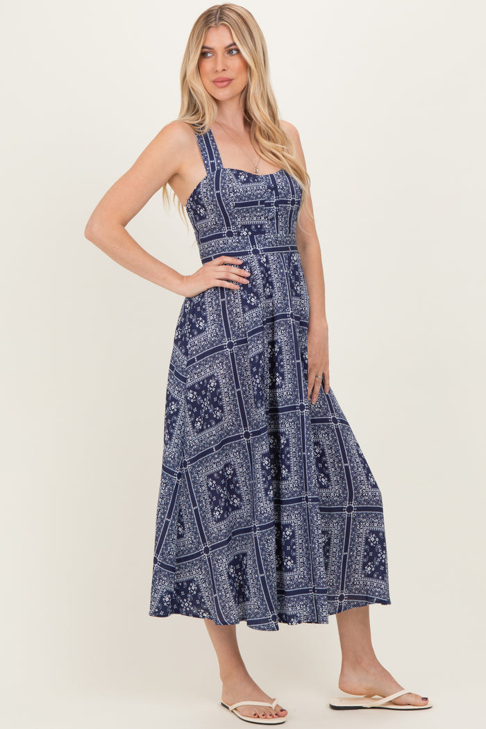 Navy Bandana Print Crisscross Back Midi Dress