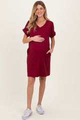 Cabernet Brushed Rolled Short Sleeve V-Neck Maternity Dress