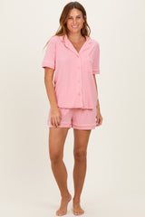 Pink Short Sleeve Button Down Shirt Shorts Maternity Set