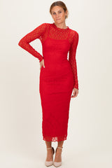 Red Lace Long Sleeve Fitted Maternity Dress