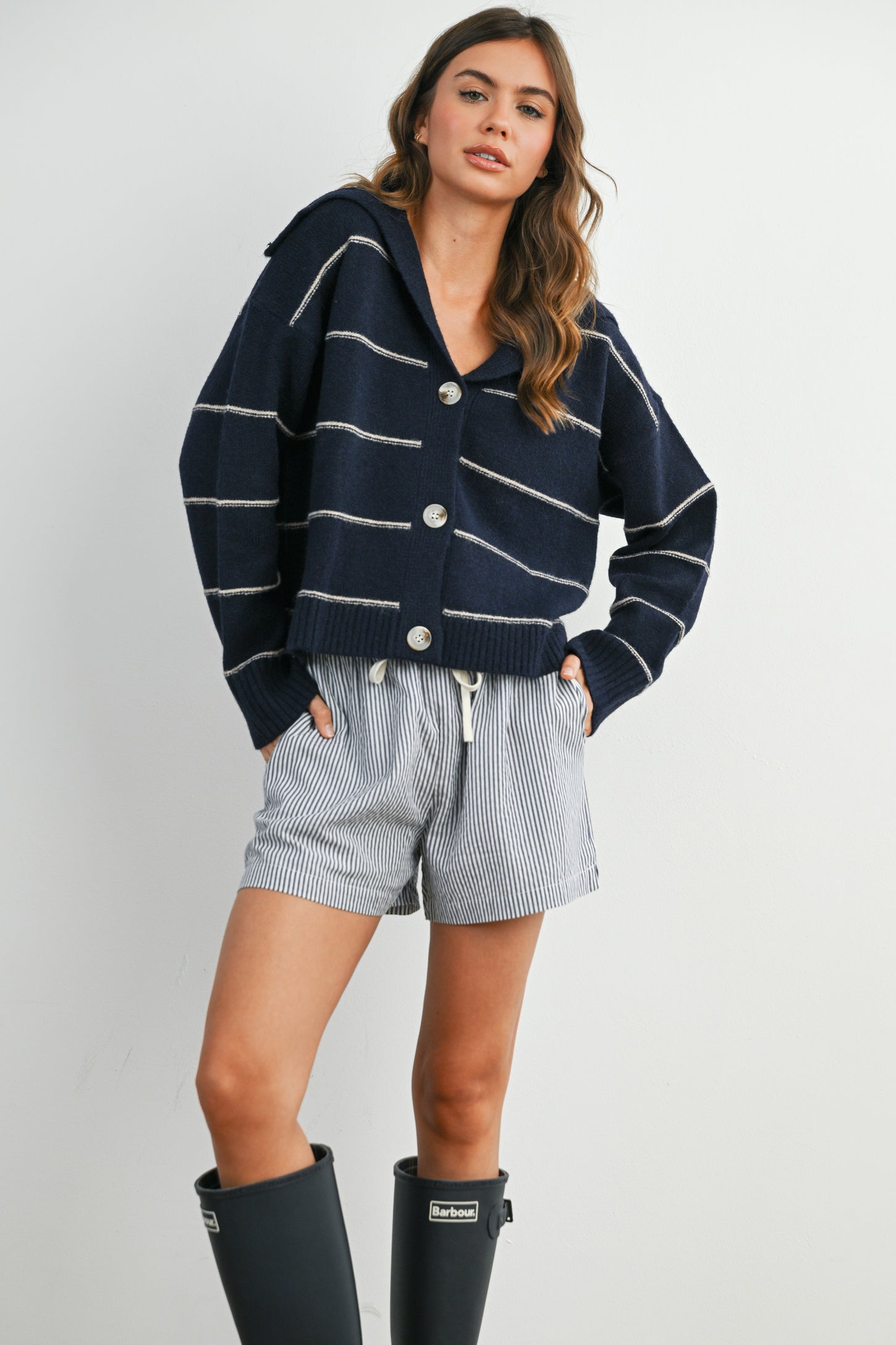 Navy Striped Drawstring Maternity Shorts