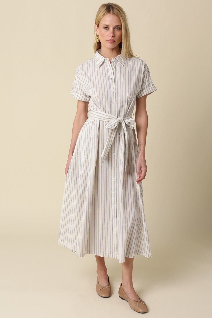 Blue Striped Belted Shirt Dress