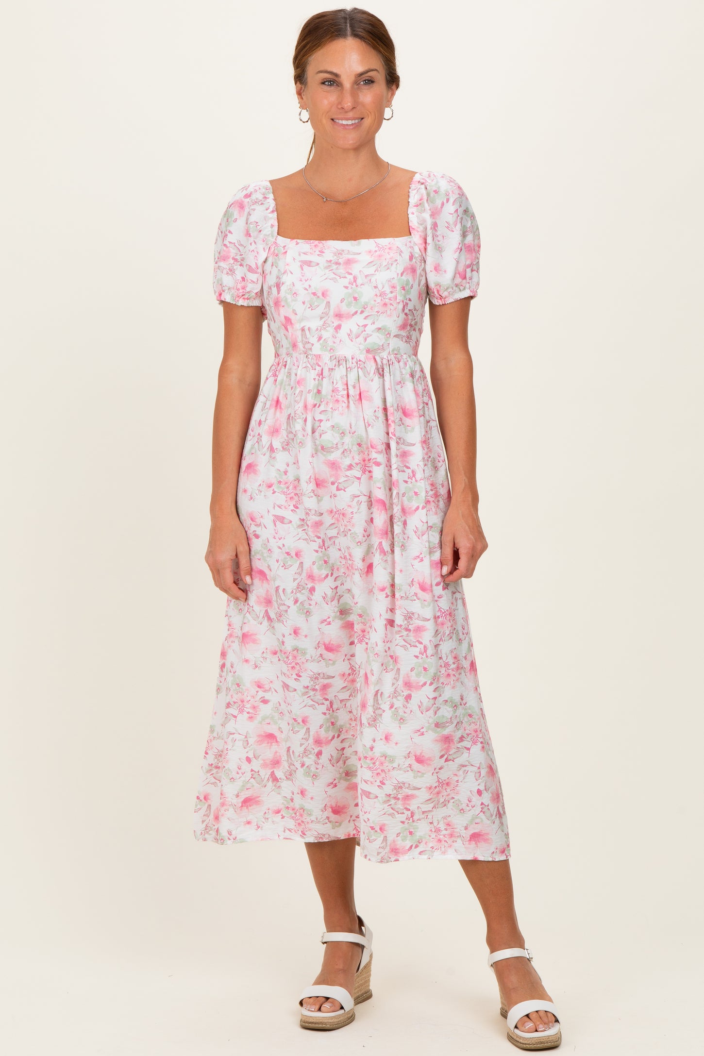 Pink Floral Crisscross Back Midi Dress