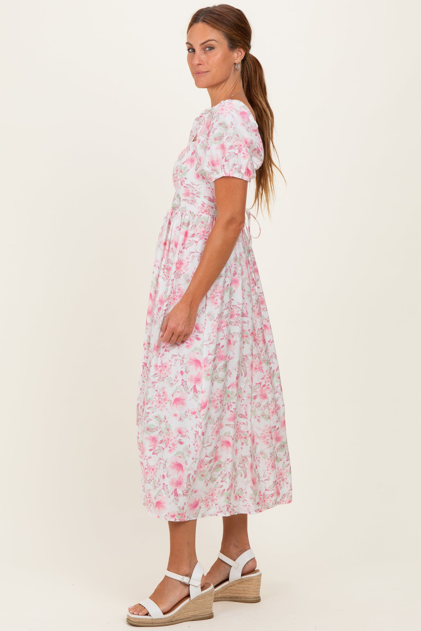 Pink Floral Crisscross Back Midi Dress