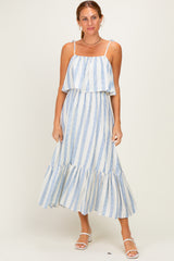 Blue Striped Flounce Shoulder Tie Midi Dress