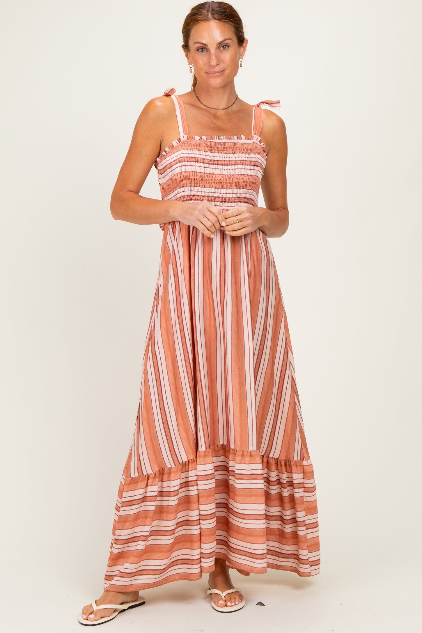 Rose Striped Smocked Shoulder Tie Midi Dress