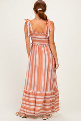 Rose Striped Smocked Shoulder Tie Midi Dress