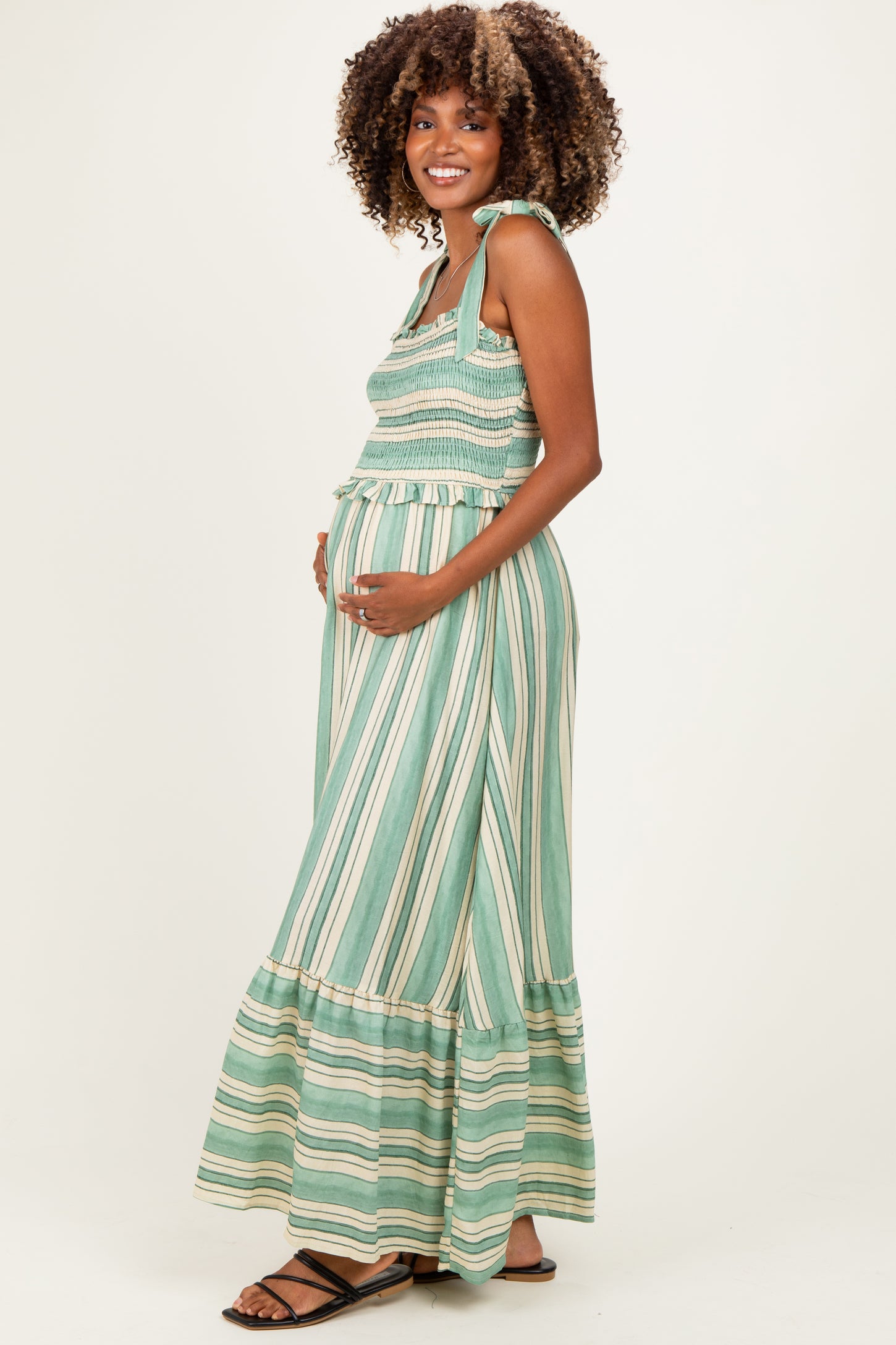 Green Striped Smocked Shoulder Tie Maternity Midi Dress