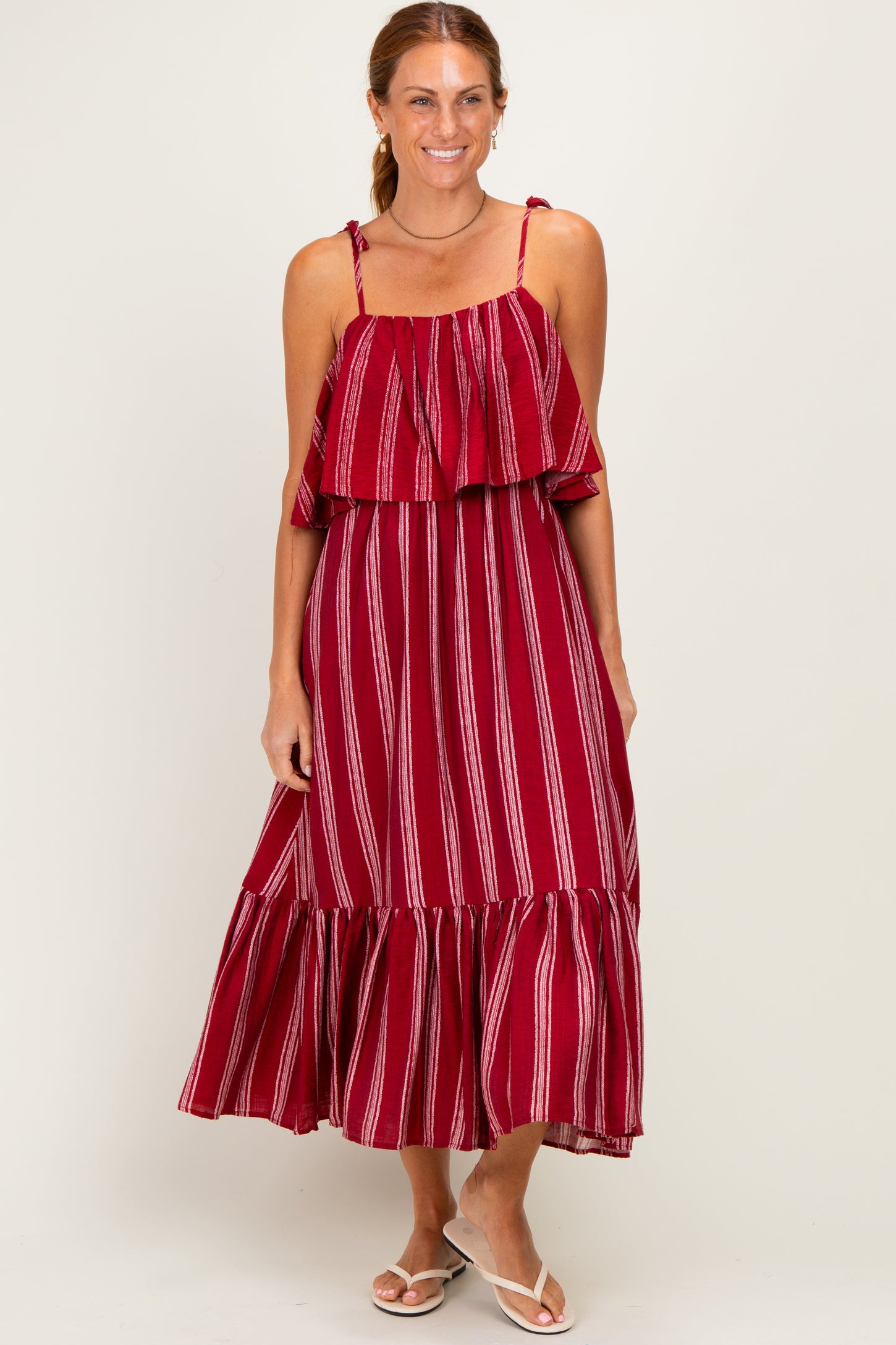 Red Striped Flounce Shoulder Tie Maternity Midi Dress