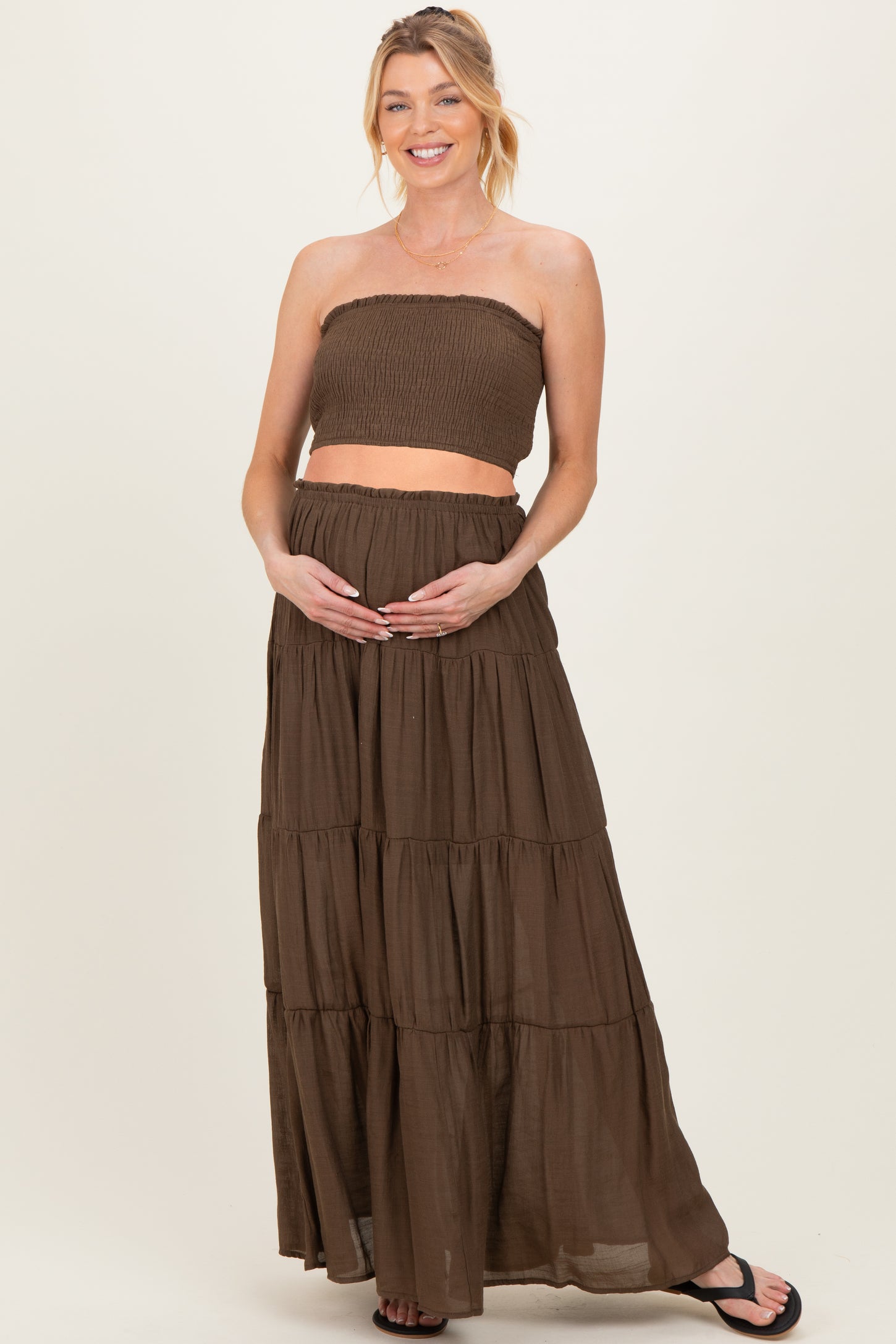 Chocolate Smocked Tube Top Tiered Skirt Maternity Set