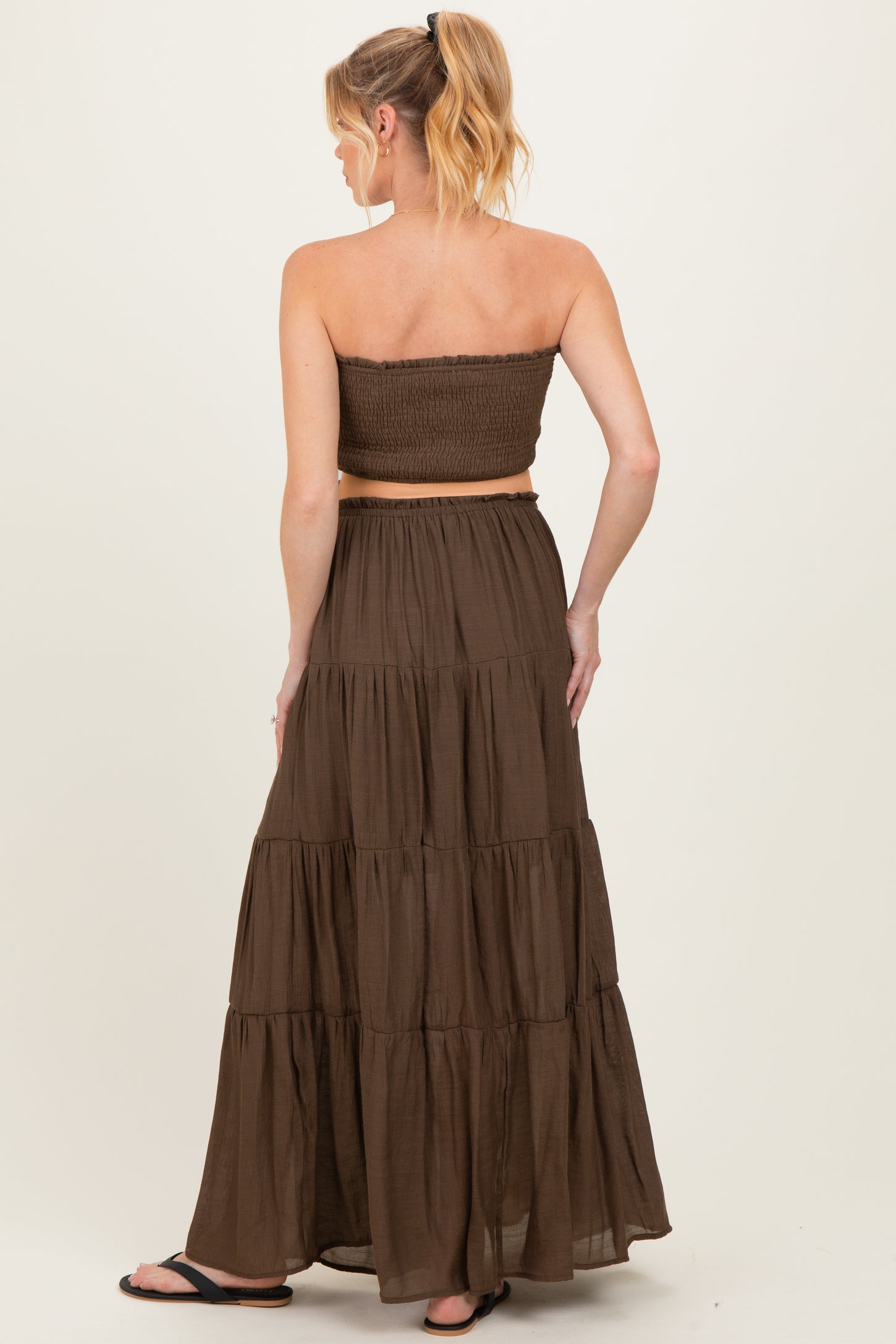 Chocolate Smocked Tube Top Tiered Skirt Maternity Set
