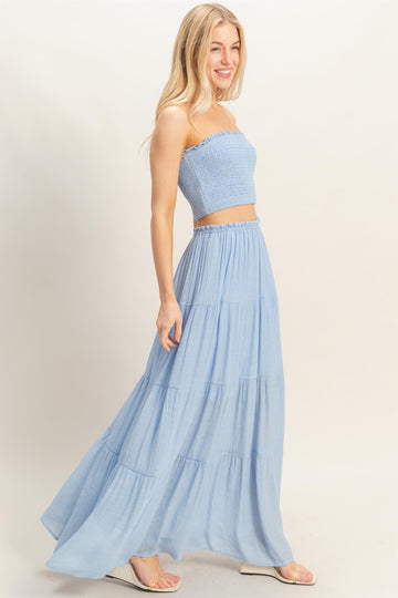 Light Blue Smocked Tube Top Tiered Skirt Set