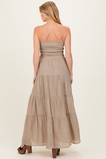 Beige Smocked Tube Top Tiered Skirt Maternity Set