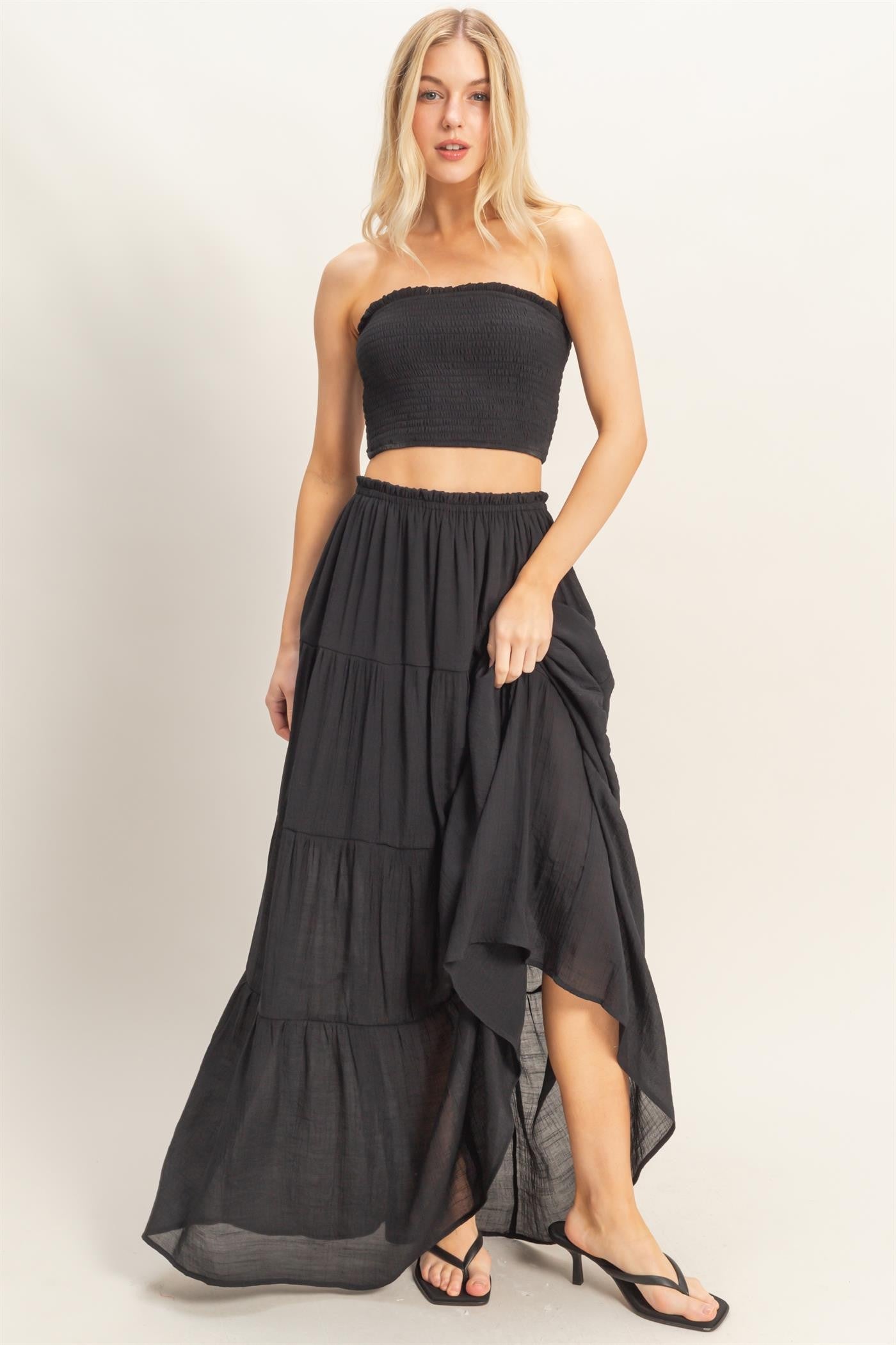 Black Smocked Tube Top Tiered Skirt Set