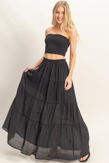Black Smocked Tube Top Tiered Skirt Set