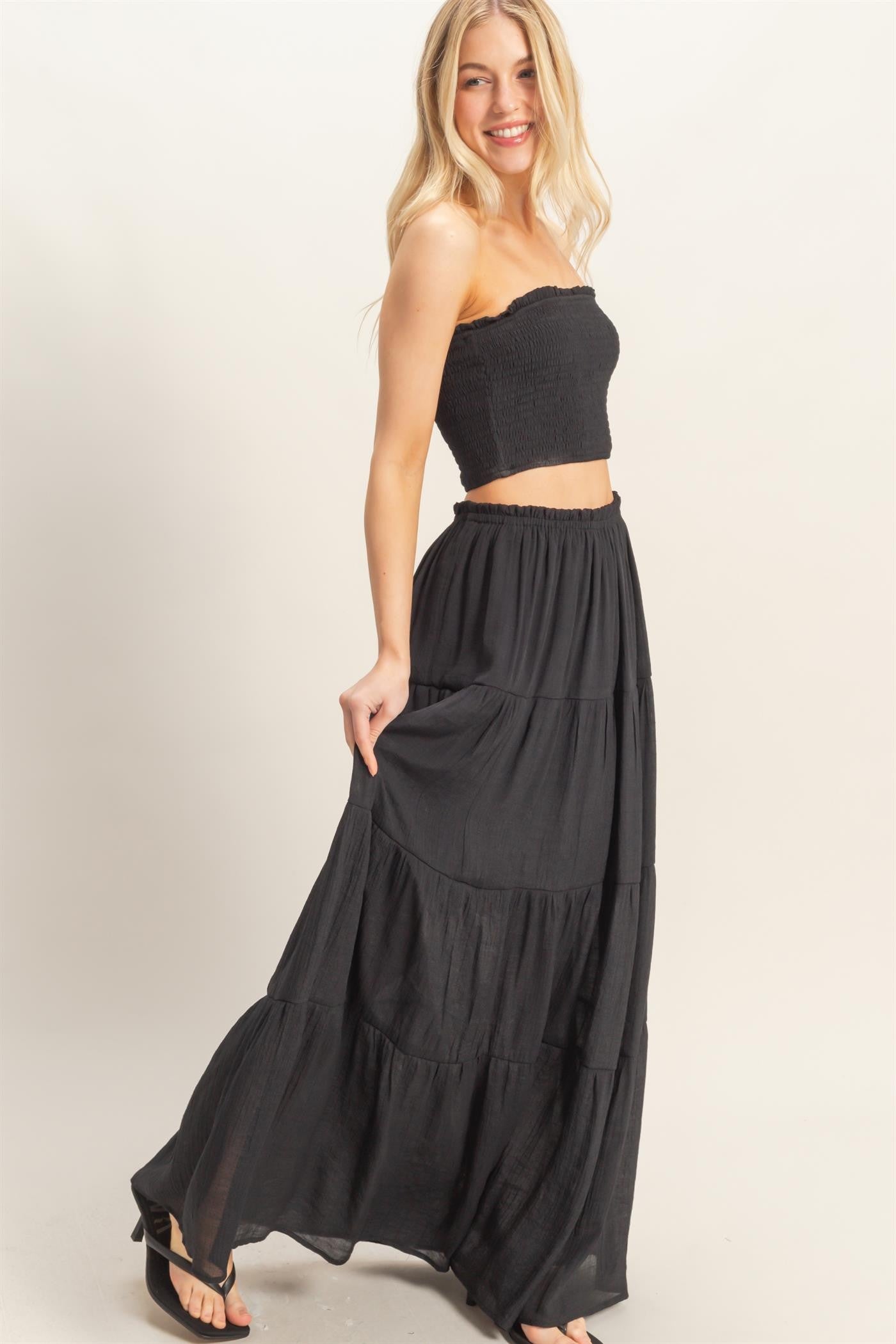 Black Smocked Tube Top Tiered Skirt Set